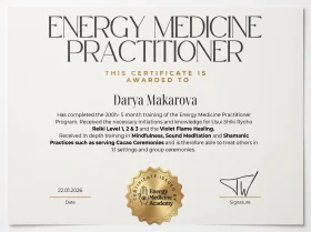 Energy Medicine Practitioner certificate awarded by Energy Medicine Academy, covering Reiki Levels 1 to 3, sound meditation and shamanic practice