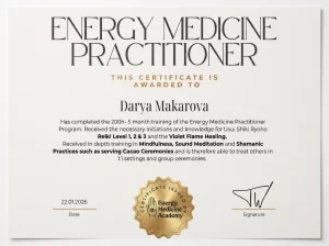 Energy Medicine Practitioner certificate awarded by Energy Medicine Academy, covering Reiki Levels 1 to 3, sound meditation and shamanic practice